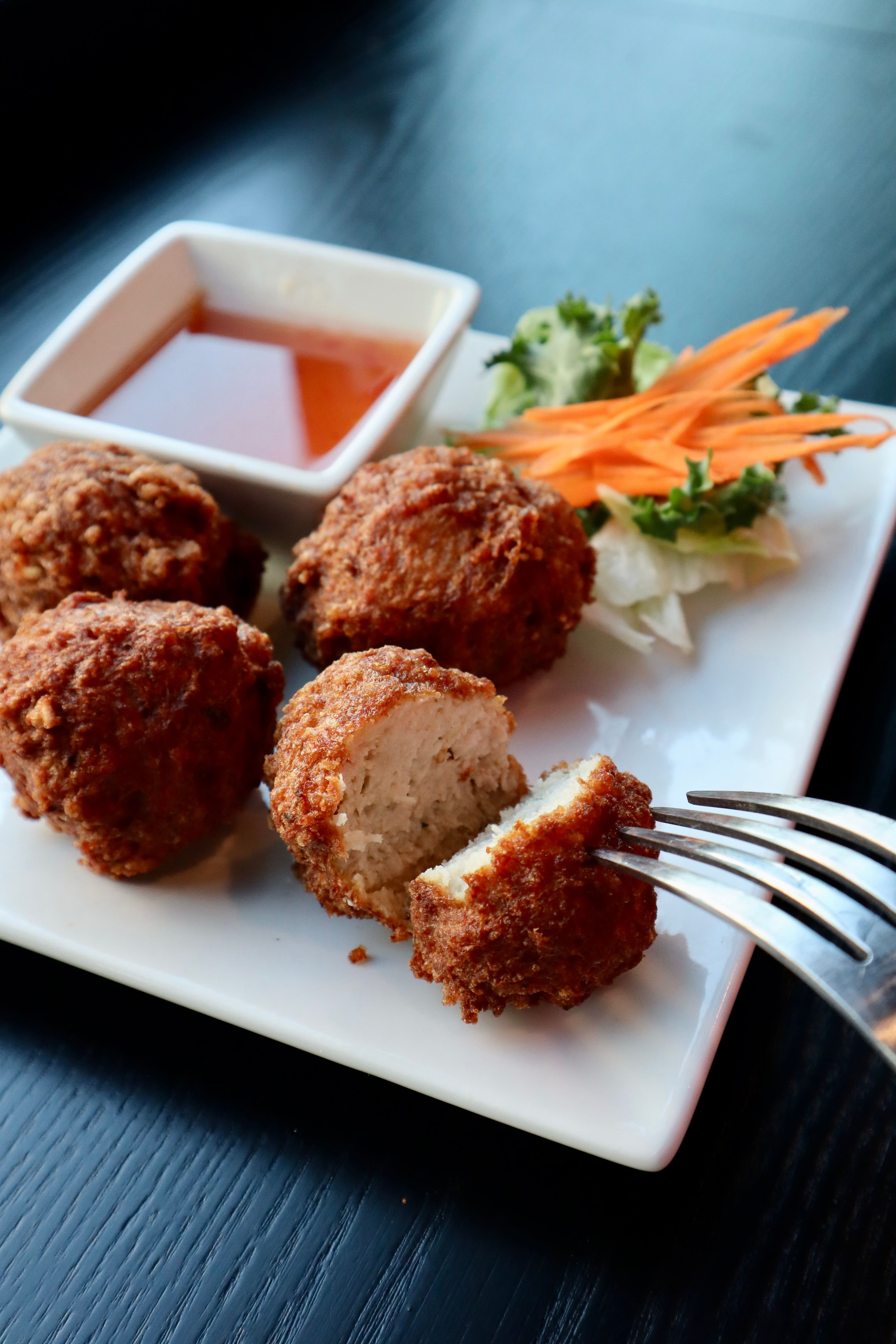 Larb Todd chicken balls with sweet chili dipping sauce