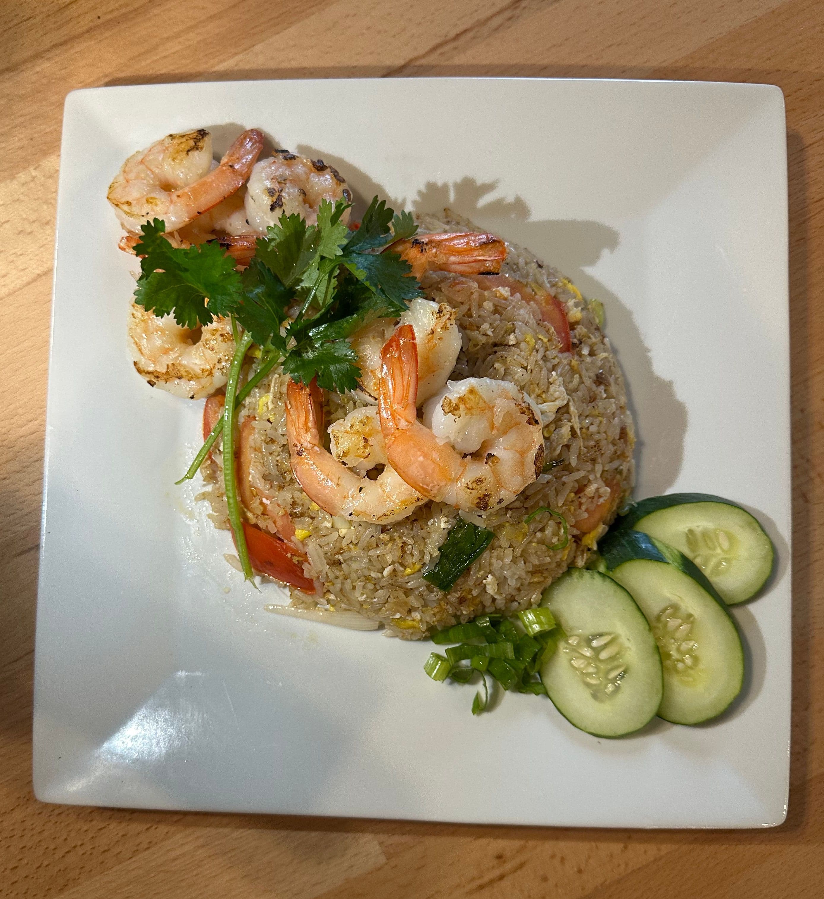Thai fried rice topped with shrimp