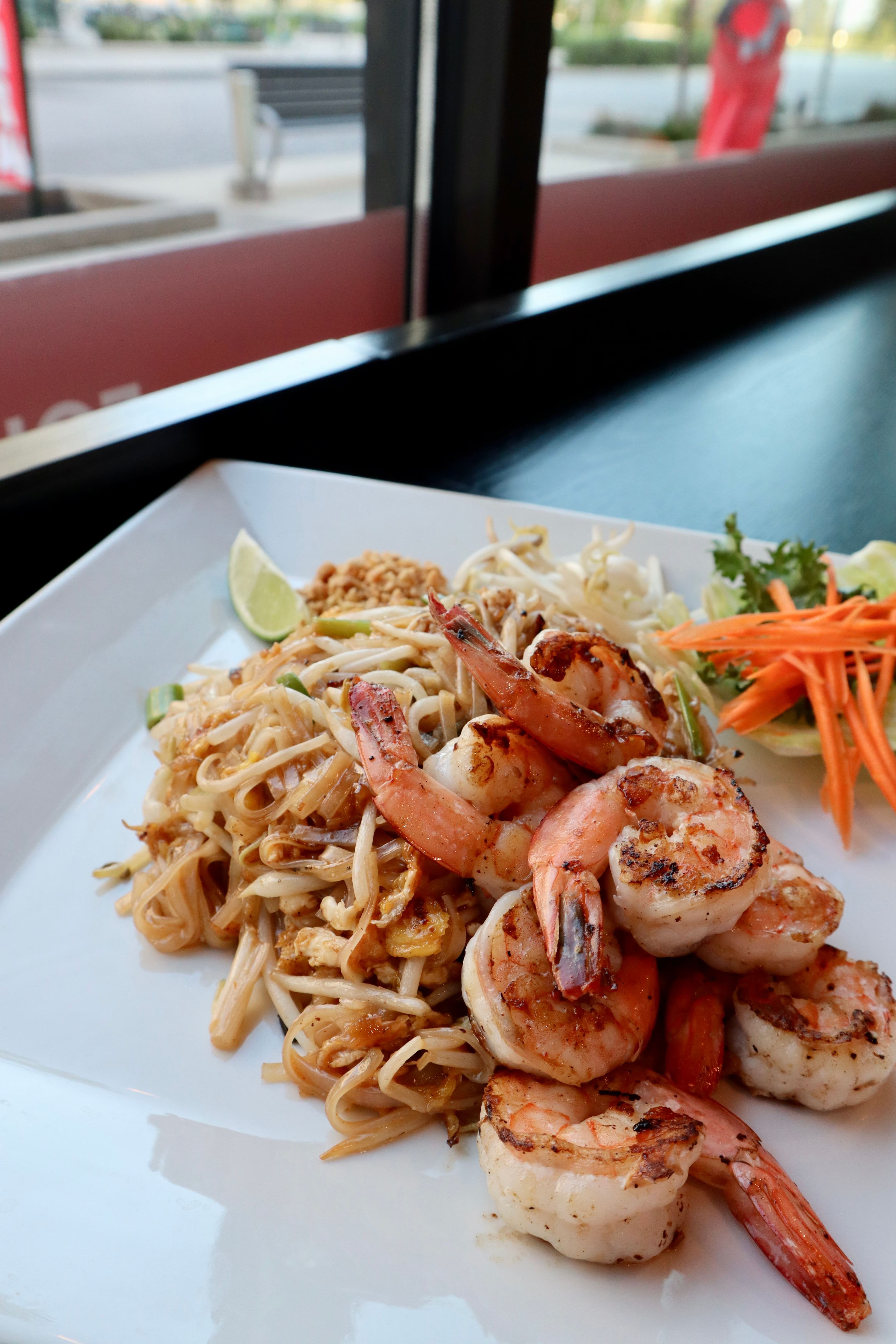 Pad Thai topped with grilled shrimp